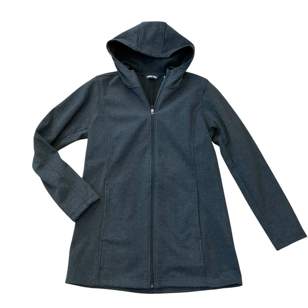 Women LANDS’ END Sz M Jacket Coat Rich Water Resistant Long Hood Zip Fleece Gray
